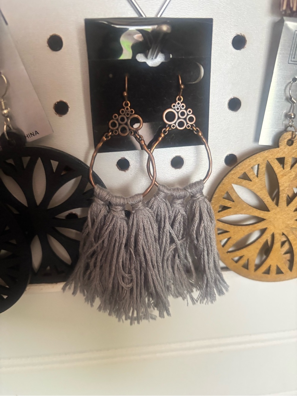 Bohemian Gray Tassel Hoop Earrings - Unbranded